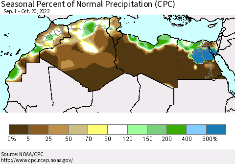 North Africa Seasonal Percent of Normal Precipitation (CPC) Thematic Map For 9/1/2022 - 10/20/2022