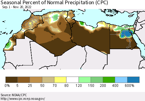 North Africa Seasonal Percent of Normal Precipitation (CPC) Thematic Map For 9/1/2022 - 11/20/2022