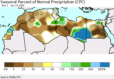 North Africa Seasonal Percent of Normal Precipitation (CPC) Thematic Map For 3/1/2023 - 1/10/2024