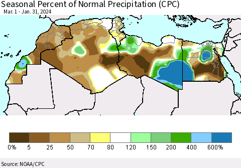 North Africa Seasonal Percent of Normal Precipitation (CPC) Thematic Map For 3/1/2023 - 1/31/2024