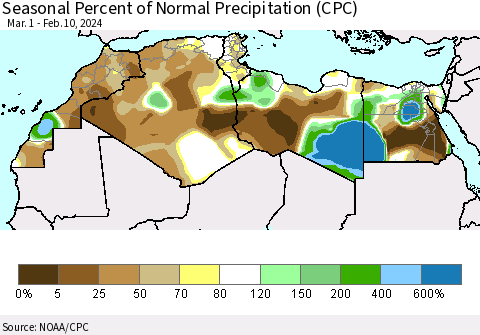 North Africa Seasonal Percent of Normal Precipitation (CPC) Thematic Map For 3/1/2023 - 2/10/2024