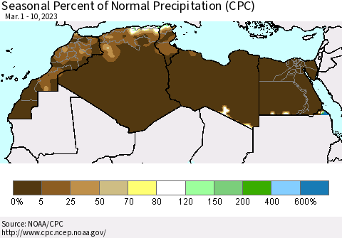 North Africa Seasonal Percent of Normal Precipitation (CPC) Thematic Map For 3/1/2023 - 3/10/2023