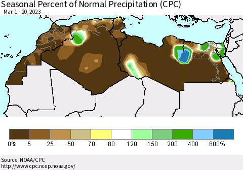 North Africa Seasonal Percent of Normal Precipitation (CPC) Thematic Map For 3/1/2023 - 3/20/2023