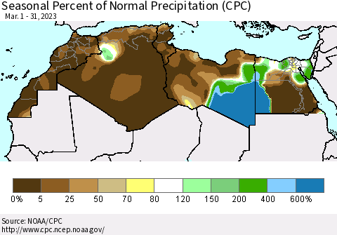 North Africa Seasonal Percent of Normal Precipitation (CPC) Thematic Map For 3/1/2023 - 3/31/2023