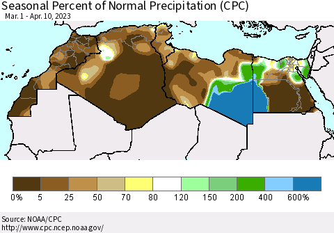 North Africa Seasonal Percent of Normal Precipitation (CPC) Thematic Map For 3/1/2023 - 4/10/2023