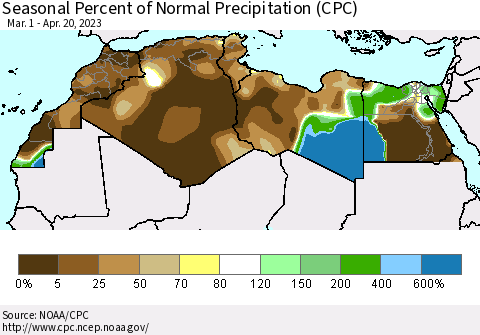 North Africa Seasonal Percent of Normal Precipitation (CPC) Thematic Map For 3/1/2023 - 4/20/2023