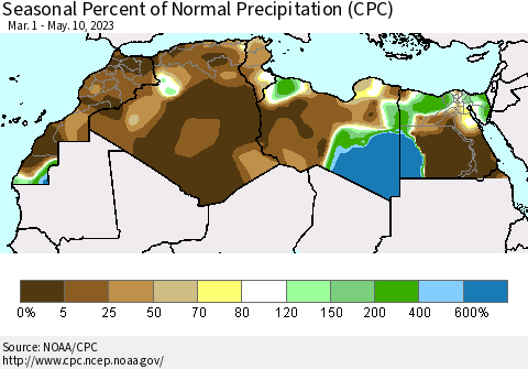 North Africa Seasonal Percent of Normal Precipitation (CPC) Thematic Map For 3/1/2023 - 5/10/2023