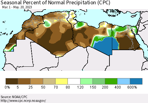 North Africa Seasonal Percent of Normal Precipitation (CPC) Thematic Map For 3/1/2023 - 5/20/2023