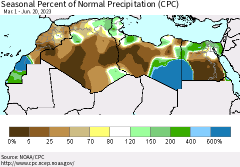 North Africa Seasonal Percent of Normal Precipitation (CPC) Thematic Map For 3/1/2023 - 6/20/2023