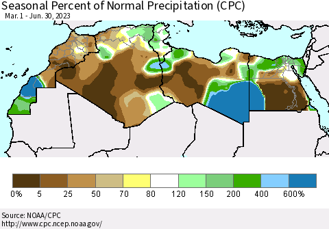 North Africa Seasonal Percent of Normal Precipitation (CPC) Thematic Map For 3/1/2023 - 6/30/2023