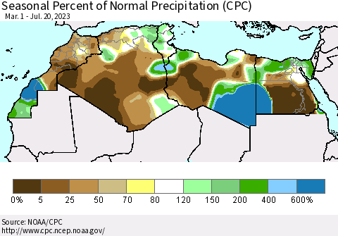 North Africa Seasonal Percent of Normal Precipitation (CPC) Thematic Map For 3/1/2023 - 7/20/2023
