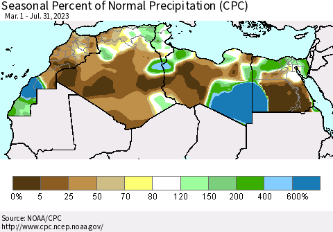 North Africa Seasonal Percent of Normal Precipitation (CPC) Thematic Map For 3/1/2023 - 7/31/2023