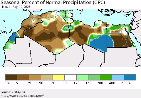 North Africa Seasonal Percent of Normal Precipitation (CPC) Thematic Map For 3/1/2023 - 8/10/2023