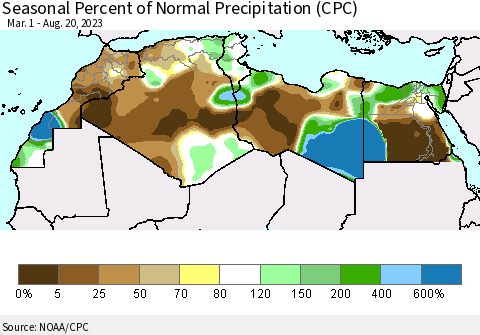 North Africa Seasonal Percent of Normal Precipitation (CPC) Thematic Map For 3/1/2023 - 8/20/2023