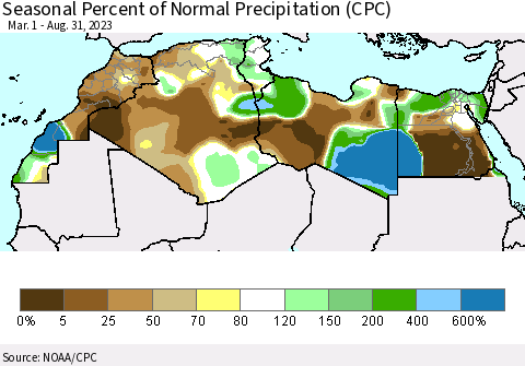 North Africa Seasonal Percent of Normal Precipitation (CPC) Thematic Map For 3/1/2023 - 8/31/2023