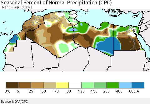 North Africa Seasonal Percent of Normal Precipitation (CPC) Thematic Map For 3/1/2023 - 9/10/2023