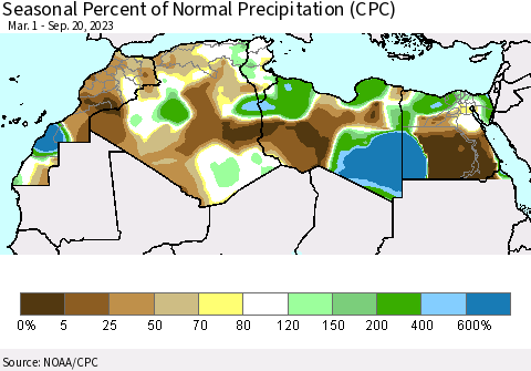 North Africa Seasonal Percent of Normal Precipitation (CPC) Thematic Map For 3/1/2023 - 9/20/2023