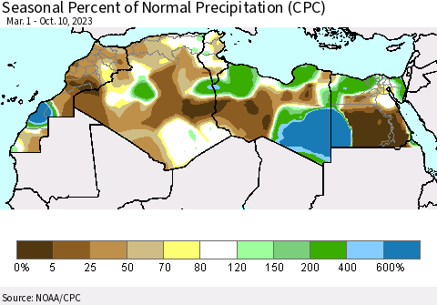 North Africa Seasonal Percent of Normal Precipitation (CPC) Thematic Map For 3/1/2023 - 10/10/2023