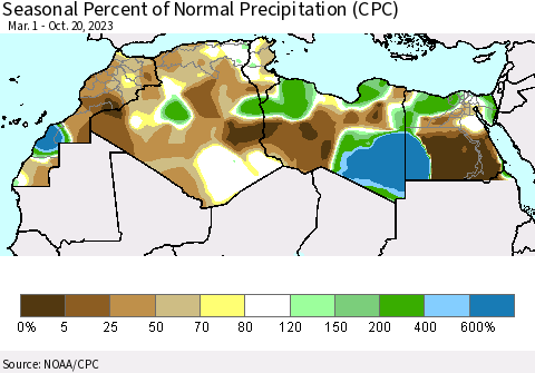 North Africa Seasonal Percent of Normal Precipitation (CPC) Thematic Map For 3/1/2023 - 10/20/2023