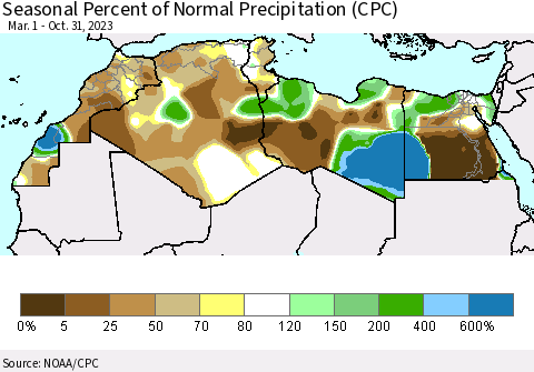 North Africa Seasonal Percent of Normal Precipitation (CPC) Thematic Map For 3/1/2023 - 10/31/2023