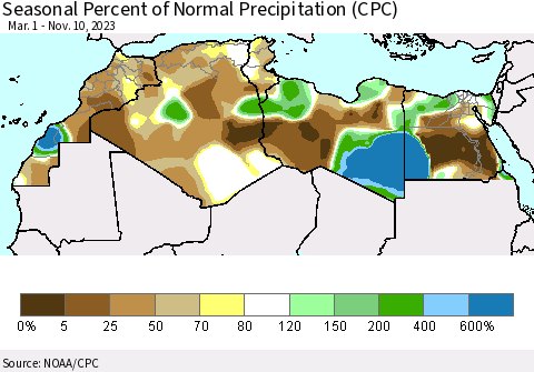North Africa Seasonal Percent of Normal Precipitation (CPC) Thematic Map For 3/1/2023 - 11/10/2023