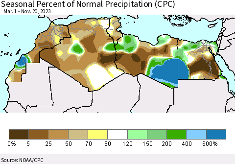 North Africa Seasonal Percent of Normal Precipitation (CPC) Thematic Map For 3/1/2023 - 11/20/2023
