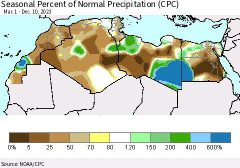 North Africa Seasonal Percent of Normal Precipitation (CPC) Thematic Map For 3/1/2023 - 12/10/2023