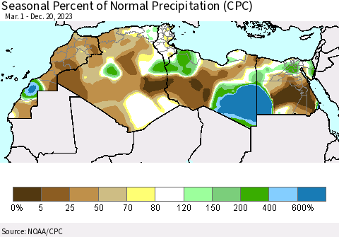 North Africa Seasonal Percent of Normal Precipitation (CPC) Thematic Map For 3/1/2023 - 12/20/2023