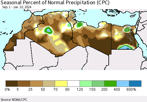 North Africa Seasonal Percent of Normal Precipitation (CPC) Thematic Map For 9/1/2023 - 1/10/2024
