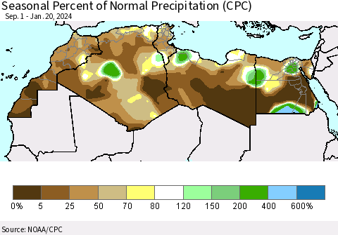 North Africa Seasonal Percent of Normal Precipitation (CPC) Thematic Map For 9/1/2023 - 1/20/2024