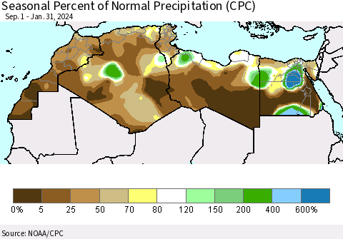 North Africa Seasonal Percent of Normal Precipitation (CPC) Thematic Map For 9/1/2023 - 1/31/2024