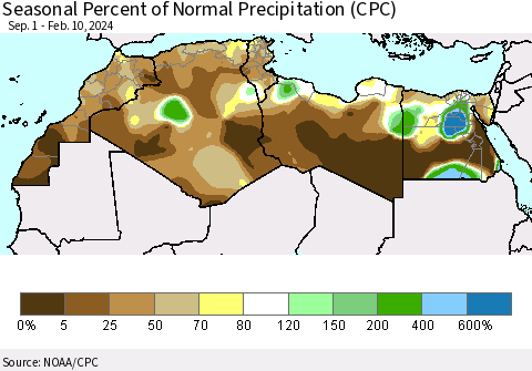 North Africa Seasonal Percent of Normal Precipitation (CPC) Thematic Map For 9/1/2023 - 2/10/2024