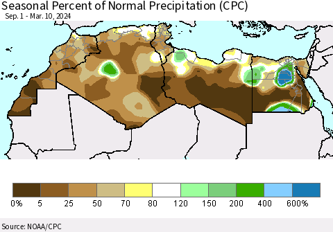 North Africa Seasonal Percent of Normal Precipitation (CPC) Thematic Map For 9/1/2023 - 3/10/2024