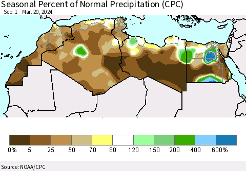 North Africa Seasonal Percent of Normal Precipitation (CPC) Thematic Map For 9/1/2023 - 3/20/2024