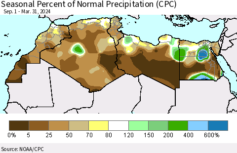 North Africa Seasonal Percent of Normal Precipitation (CPC) Thematic Map For 9/1/2023 - 3/31/2024