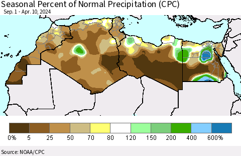 North Africa Seasonal Percent of Normal Precipitation (CPC) Thematic Map For 9/1/2023 - 4/10/2024