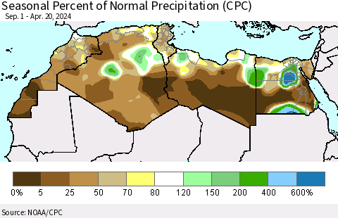 North Africa Seasonal Percent of Normal Precipitation (CPC) Thematic Map For 9/1/2023 - 4/20/2024