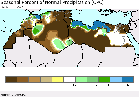 North Africa Seasonal Percent of Normal Precipitation (CPC) Thematic Map For 9/1/2023 - 9/10/2023