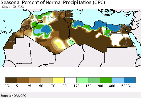 North Africa Seasonal Percent of Normal Precipitation (CPC) Thematic Map For 9/1/2023 - 9/20/2023