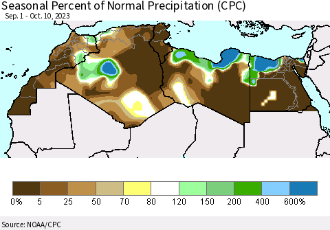 North Africa Seasonal Percent of Normal Precipitation (CPC) Thematic Map For 9/1/2023 - 10/10/2023