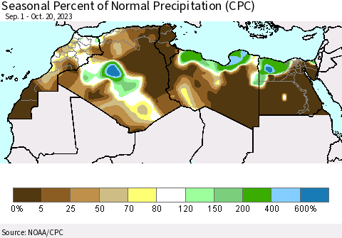 North Africa Seasonal Percent of Normal Precipitation (CPC) Thematic Map For 9/1/2023 - 10/20/2023