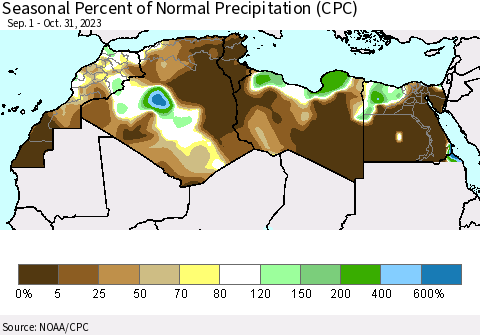 North Africa Seasonal Percent of Normal Precipitation (CPC) Thematic Map For 9/1/2023 - 10/31/2023