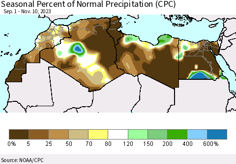 North Africa Seasonal Percent of Normal Precipitation (CPC) Thematic Map For 9/1/2023 - 11/10/2023