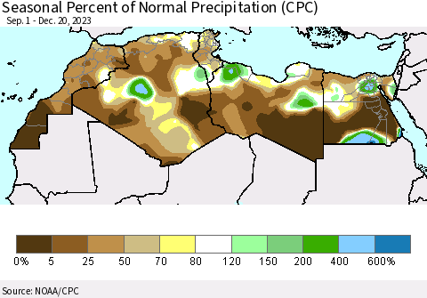 North Africa Seasonal Percent of Normal Precipitation (CPC) Thematic Map For 9/1/2023 - 12/20/2023