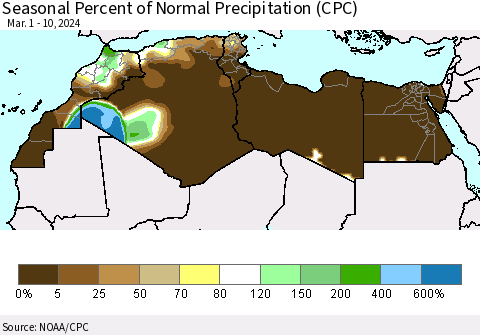 North Africa Seasonal Percent of Normal Precipitation (CPC) Thematic Map For 3/1/2024 - 3/10/2024