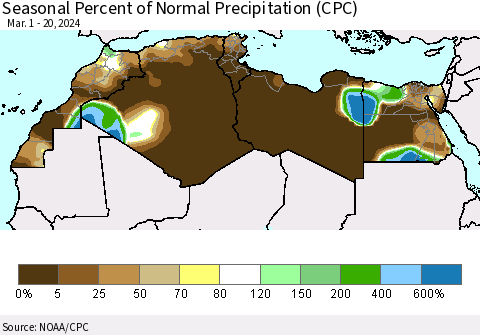 North Africa Seasonal Percent of Normal Precipitation (CPC) Thematic Map For 3/1/2024 - 3/20/2024
