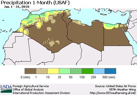 North Africa Precipitation 1-Month (USAF) Thematic Map For 1/1/2018 - 1/31/2018