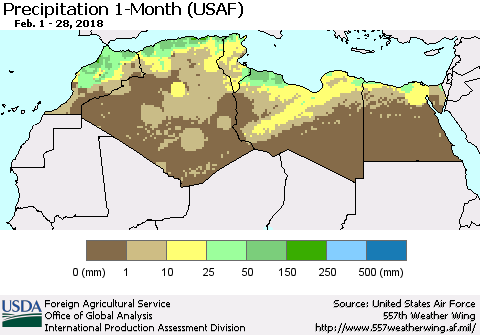 North Africa Precipitation 1-Month (USAF) Thematic Map For 2/1/2018 - 2/28/2018