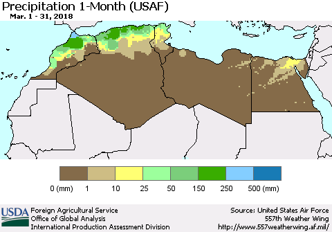 North Africa Precipitation 1-Month (USAF) Thematic Map For 3/1/2018 - 3/31/2018