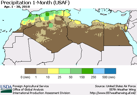 North Africa Precipitation 1-Month (USAF) Thematic Map For 4/1/2018 - 4/30/2018